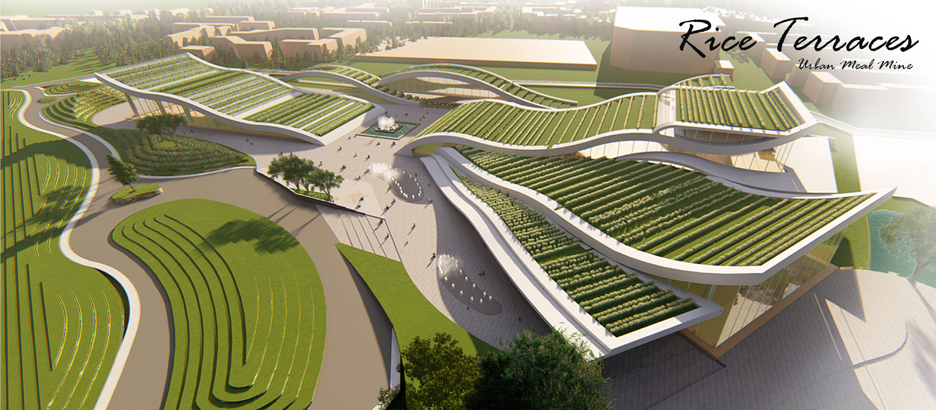 Rendering of curving terraced green roofs stepping down around a central plaza