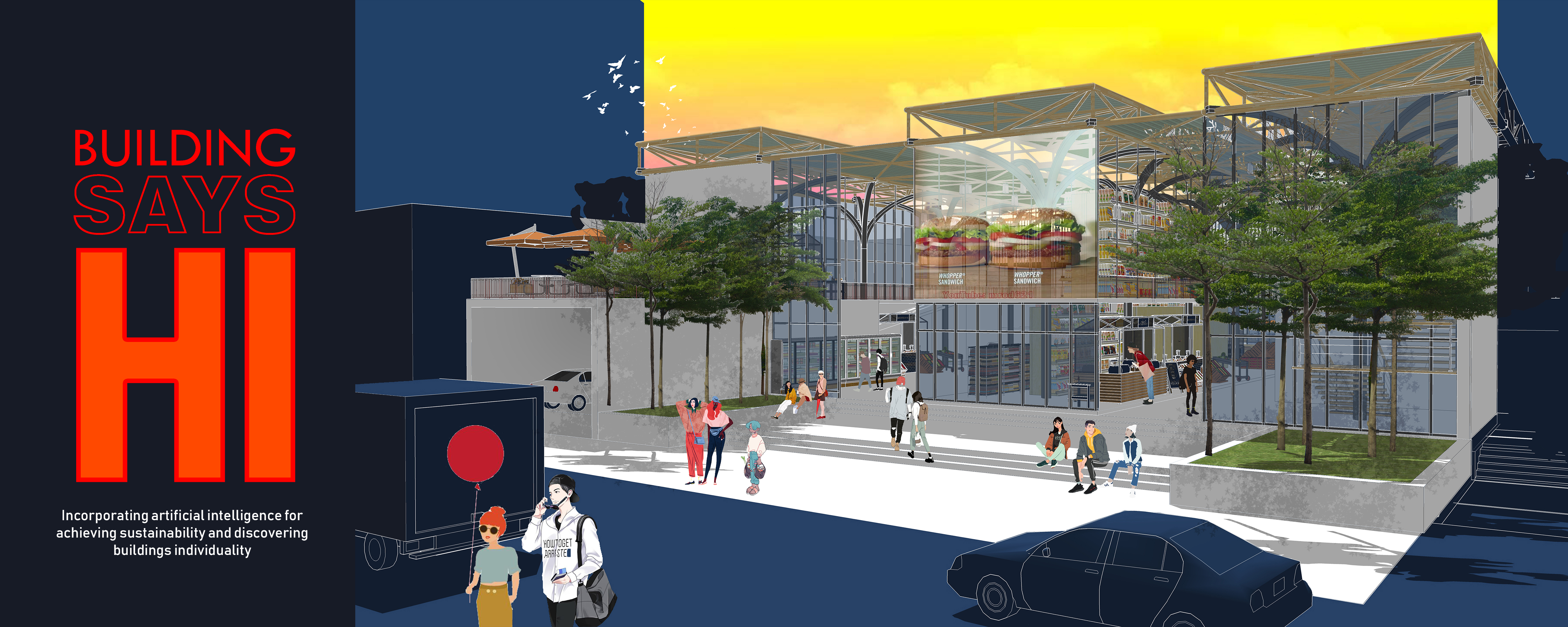BUILDING SAYS 'HI' thesis presentation of a shopping complex driven by an artificial intelligence building brain