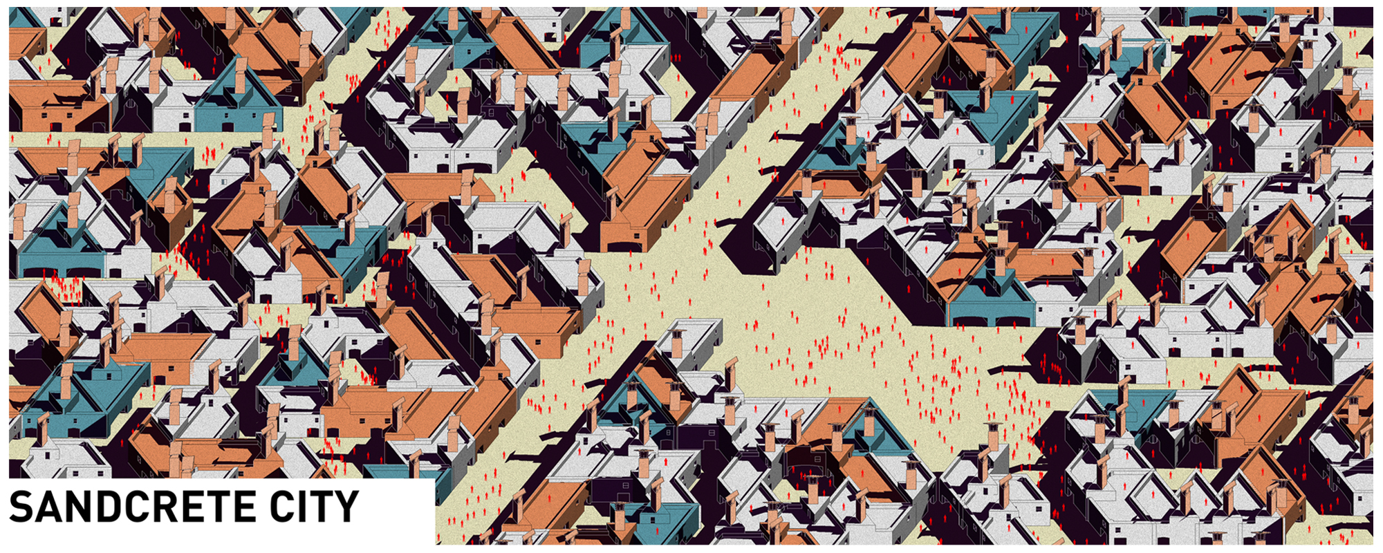 Dense isometric drawing of courtyard houses in orange, white and teal around a diagonal open street filled with red figures